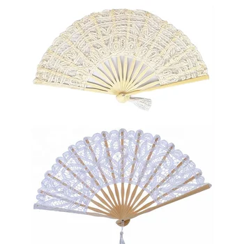 IN STOCK Chinese Fans Vintage Style Hand Folding Fan Bulk with Lace Fabric Fan with Bamboo Frame and Elegant Tassel
