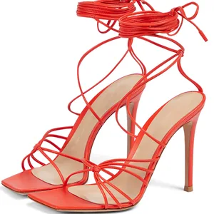 Elegant High Heel Sandal Heels Women Strappy Party Shoes Ladies Red Stilettos Lace up Shoes