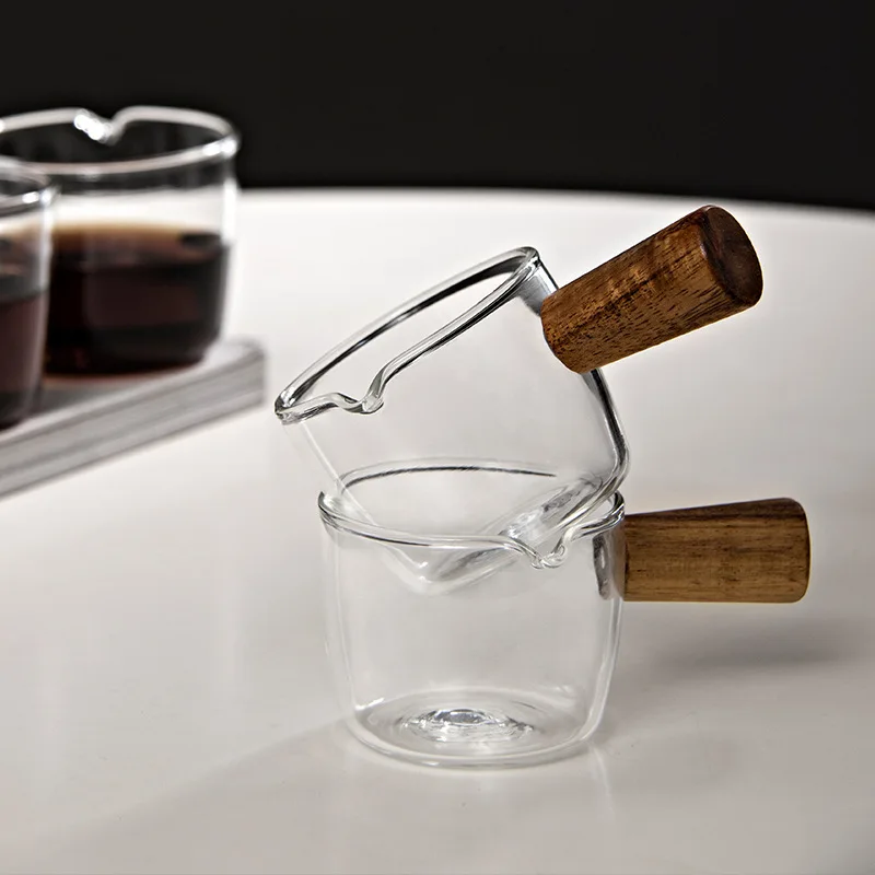 Espresso Measuring Cups Latte Milk Pot Glass Sauce Cup  Coffee Mini Milk Pot with Wooden Handle