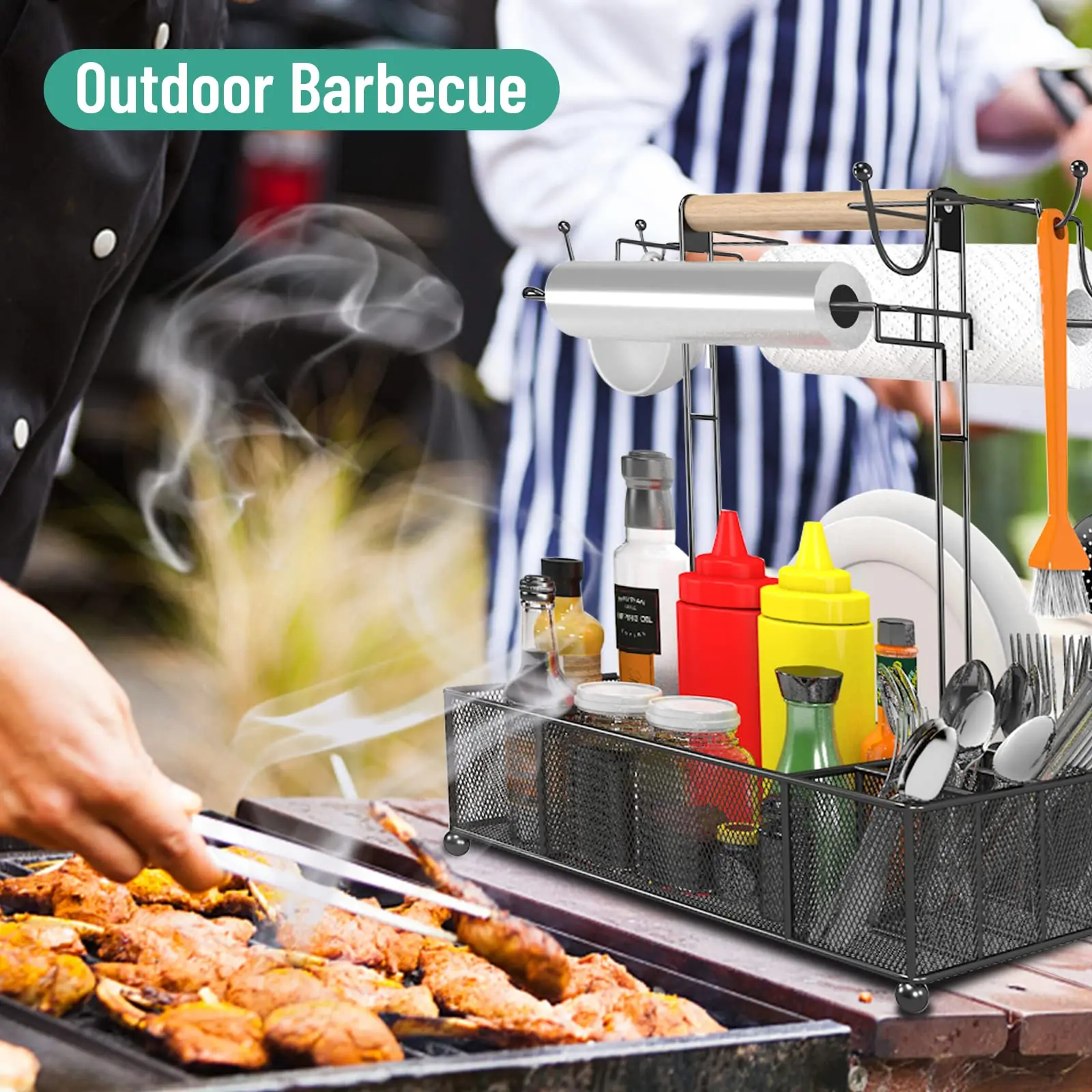 HULISEN Grill Caddy For Outdoor Grill, BBQ Caddy With Paper Towel Holder For Plates, Silverware, Utensils - Picnic & Barbeque & Camping Essentials Accessories For Tailgating, Camper, RV, Backyard