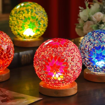 New Turkish Rechargeable Touch Tri-Color LED Lamp Holder Solid Wood Mosaic Table Lamp Glass Bedroom Lamp Moroccan Night Light