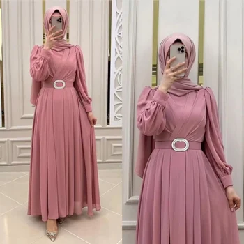 Solid Color Chiffon Dress With Long Sleeves And Round Collar With Belt Abya Dubai Woman Muslim Dress Clothing