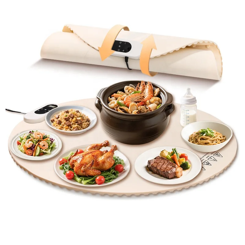 New Extra-Large Round Food Warmer Mat Silicone Soft Foldable Heating Placemat Oil-Resistant Waterproof Smart Meal Insulation Pad 5