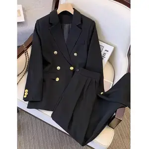 Fashionable Women Two Piece Set Solid Color Suit Coat Blazer Pants Set Spring Autumn Lady Office Casual Suits