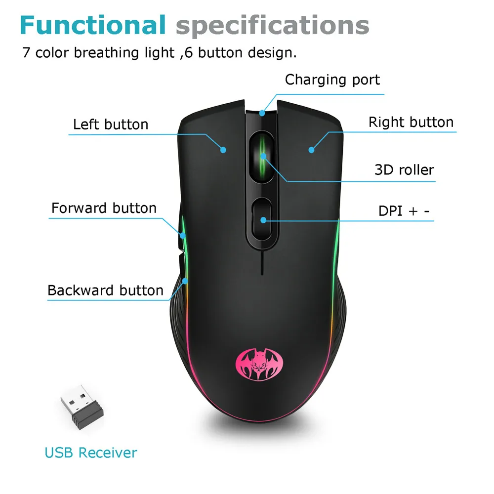 RGB Back Light Rechargeable Optical Mice Gamer Maus Wireless Gaming Mouse