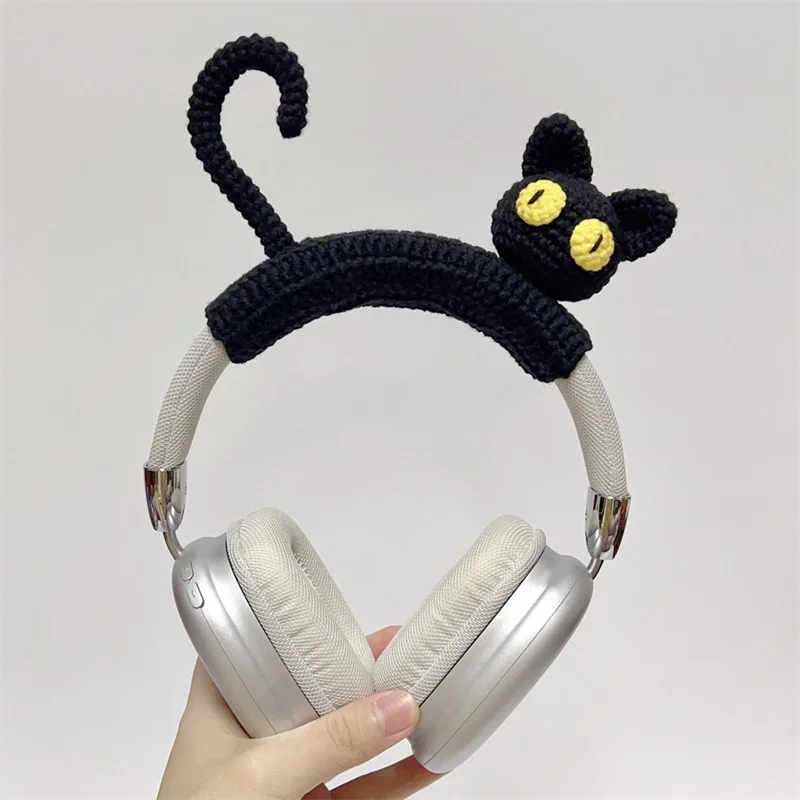 カスタマイズ手作りソフトヘッドホンカバークロシェ黒猫もやし葉