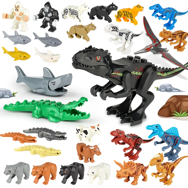 Wild Animals Model Building Blocks Shark Crocodile Cow Cattle Panda Horse Bear Leopard Animals Figure Bricks