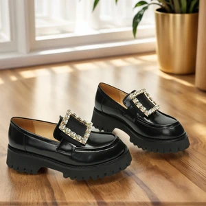Women's Elegant Ballet Slip-On Leather Loafers with Diamond Buckle Round Head Thick Heels British Style for Summer