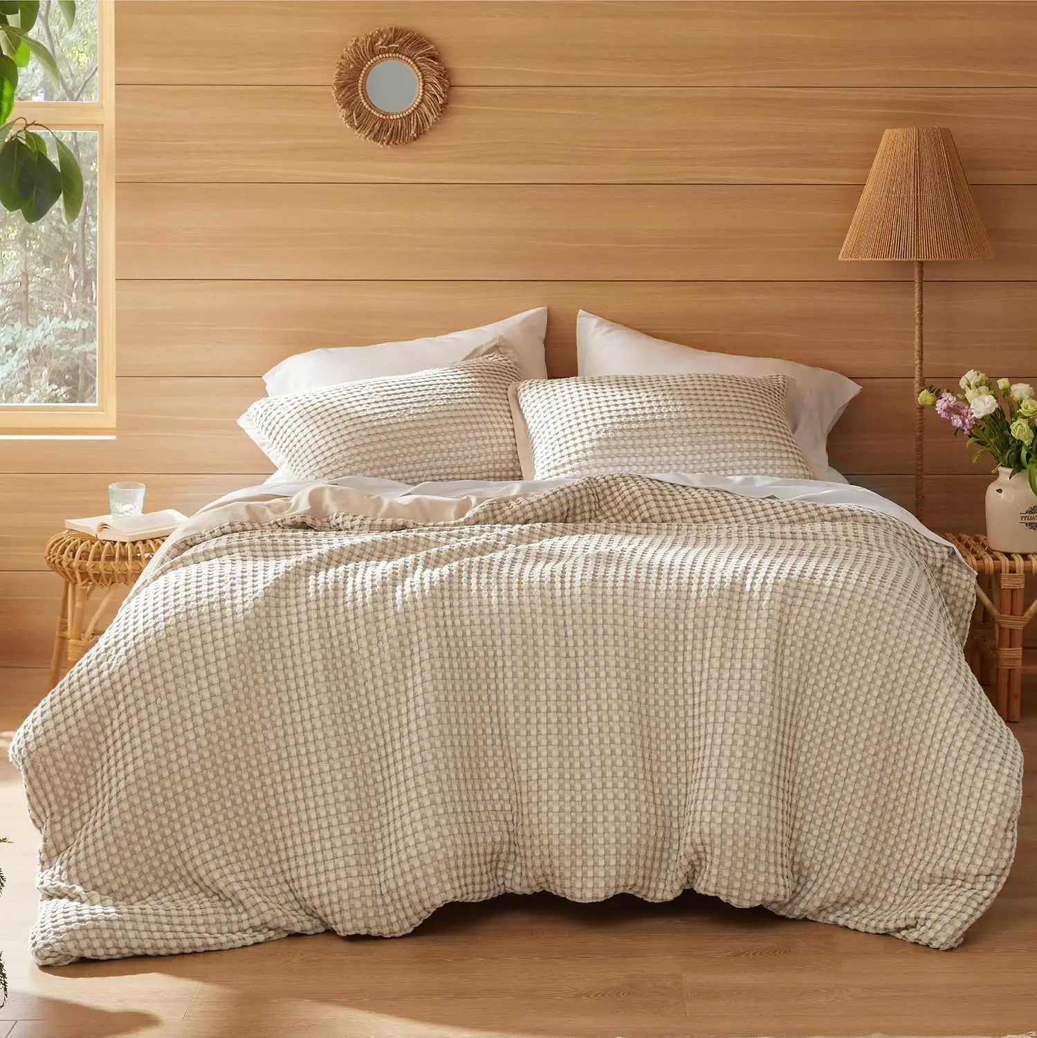 Cooling Cotton Duvet Cover Taupe Waffle Duvet Cover Set Blend Rayon Derived from Bamboo for Hot Sleepers, Breathable Bedding Set