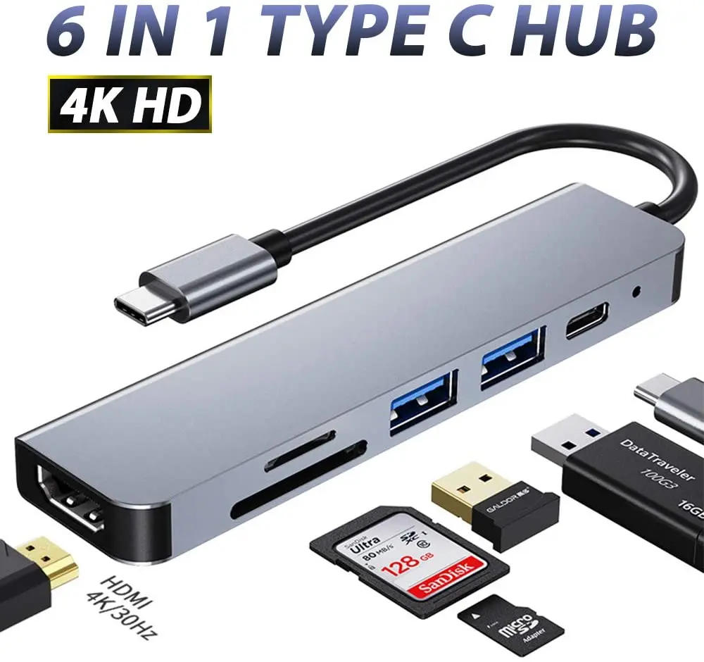 6 in 1 Type C USB C Hub 3.0 to HDMI Adapter 4K Video USB3.0 SD/TF Card Reader For PC Laptops