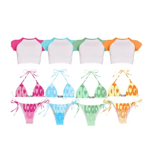 2026 Luxury Custom Designer Girls' Bikini Set Custom Print Halter Solid Spandex/Nylon V-String Beachwear Drawstring Rhinestone