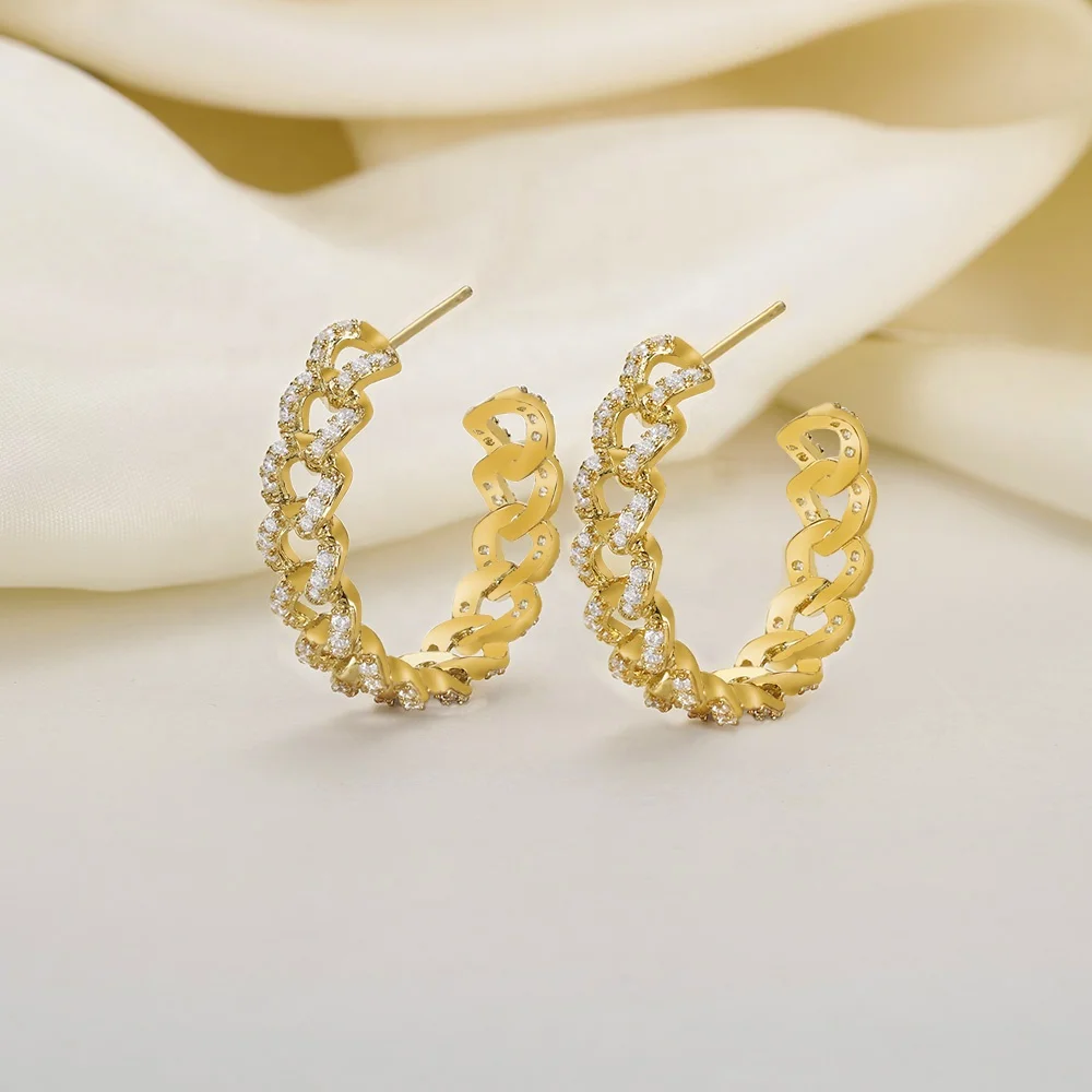 18K gold plated Earrings custom 5A CZ cuban chain link hoop earrings Hollow C Cuban Chain Hoop Stud Earrings