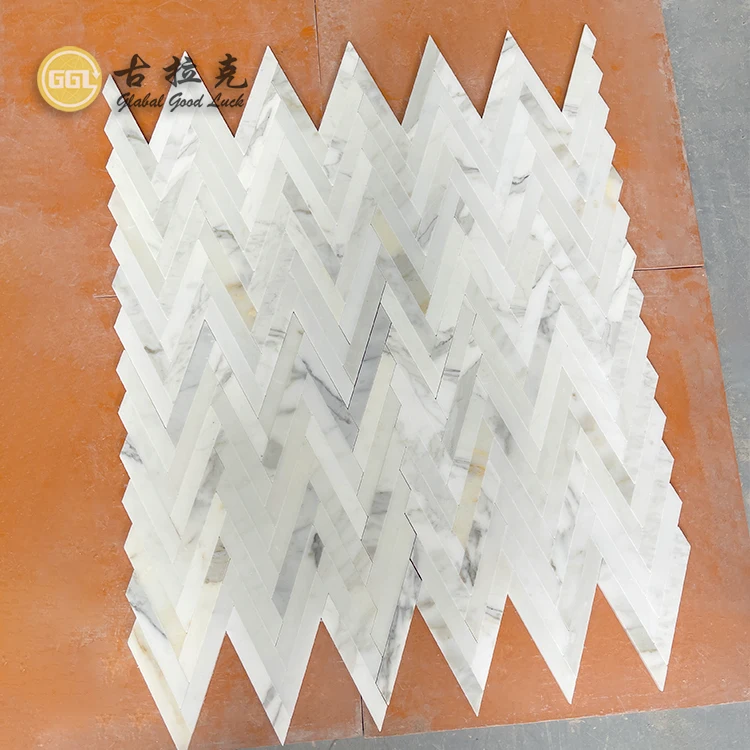 Modern Herringbone Design Mosaic Tile Calacatta Gold Marble Mosaic for Home Decor