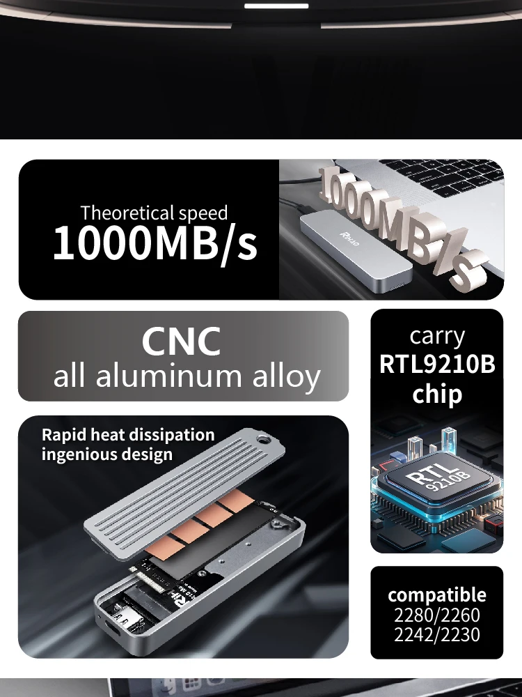 Rihao Factory M.2 NVMe/SATA SSD Enclosure Aluminum USB3.2 Gen2 10Gbps ...