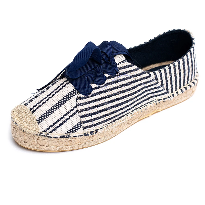 2022 Модные женские Синие эспадрильи в полоску со шнуровкой обувь на плоской