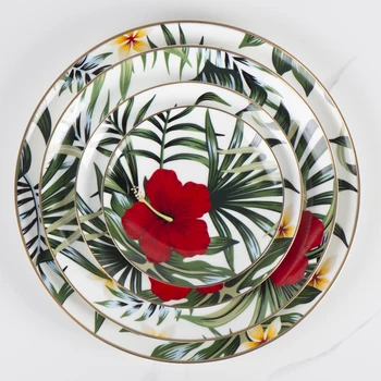 2020 New Design leaf and flower porcelain dinnerware ceramic wedding dinner sets with gold rim
