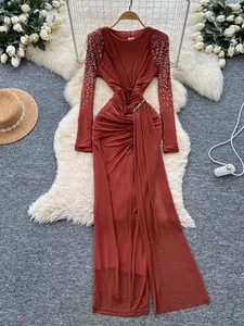 French-style High-End Heavily Embellished Reineston Pleated Long-sleeved Mesh Ribbon Dress for Women Slim Fit