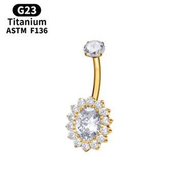 ASTM F136 Titanium 14G Belly Button Ring 10mm Long Navel Piercing Oval Shaped Zircon Inlaid PVD Plated Body Piercing Jewelry