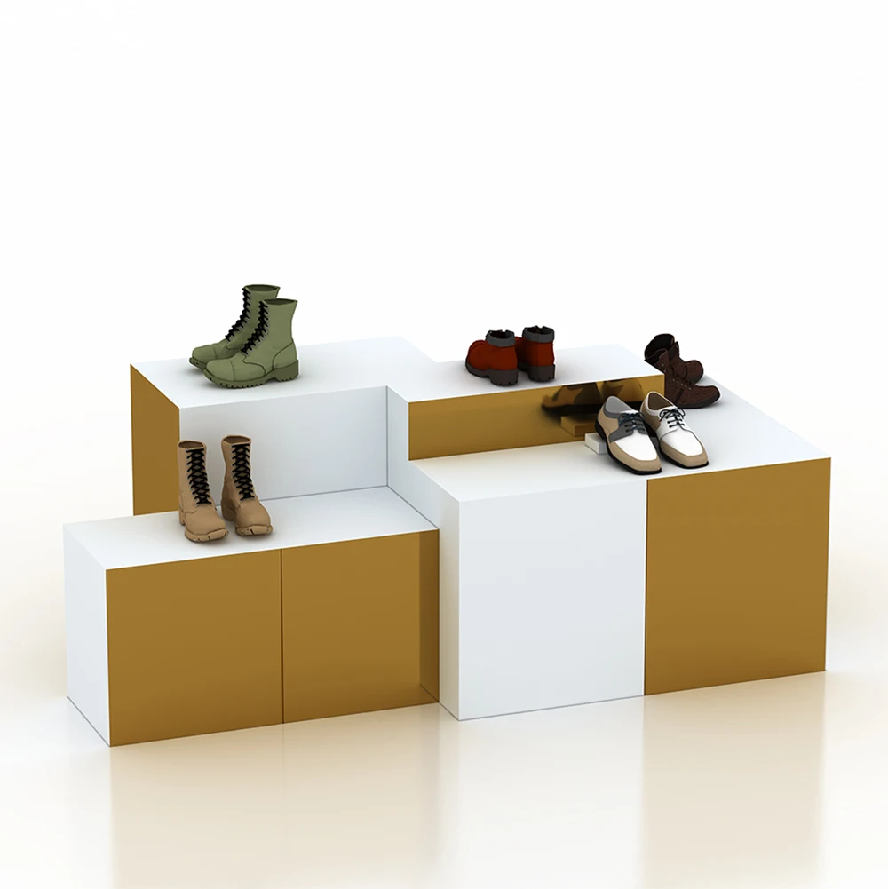 Retail Custom Store Fixture Wood Metal Rack Frame Gold Stable Soft Bamboo Shoe Bench with Leather Seat