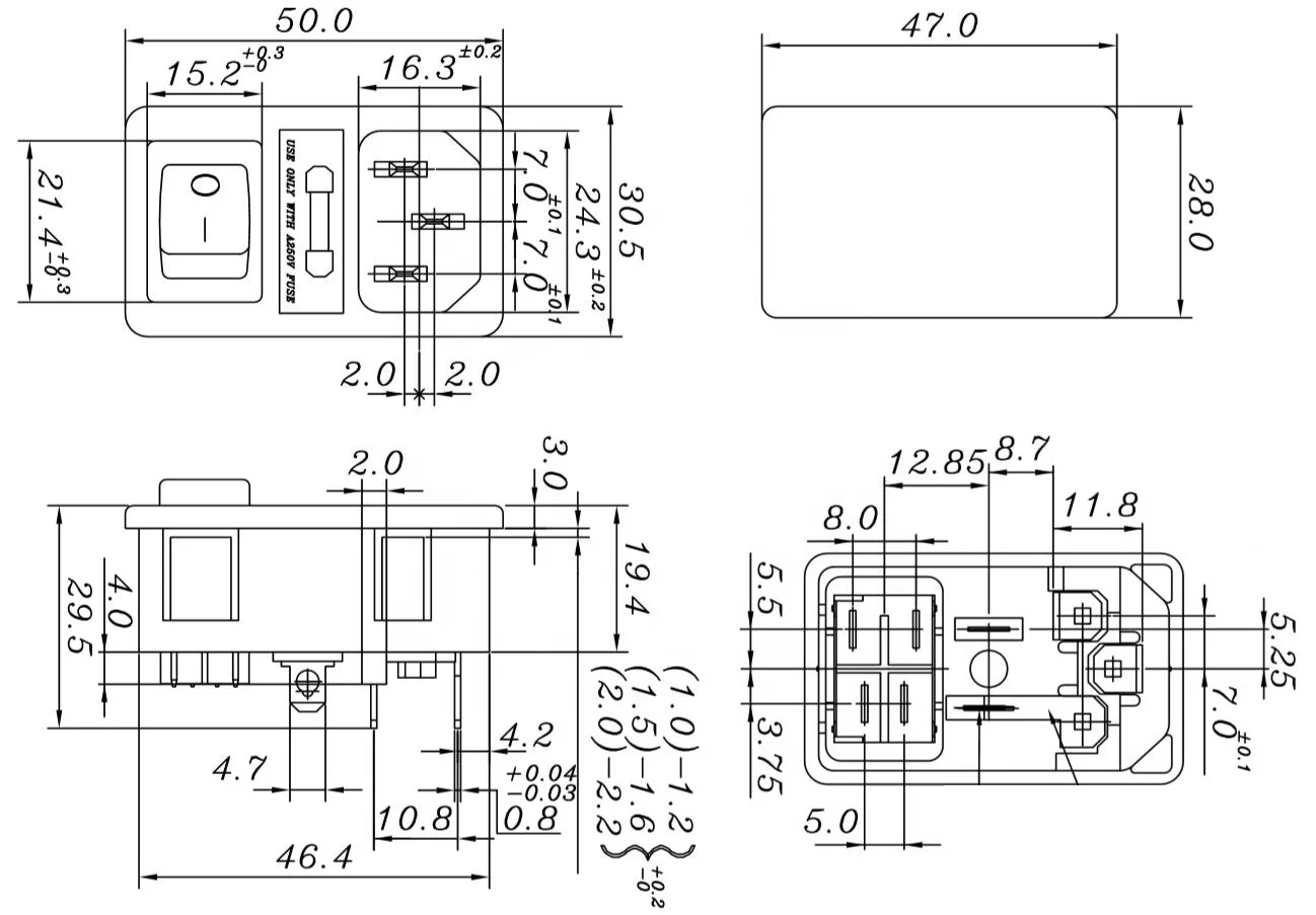 Inlet Module Plug 5A Fuse Switch Male Power Socket  10A 250V 3 Pin IEC320 C14 Connected Terminal Crimps and Wires