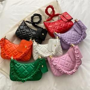 MU Fashion Wholesale Pu Leather Wrinkled Handle Underarm Shoulder Bag Casual Handbags Purse Underarm Handbags Set for Women