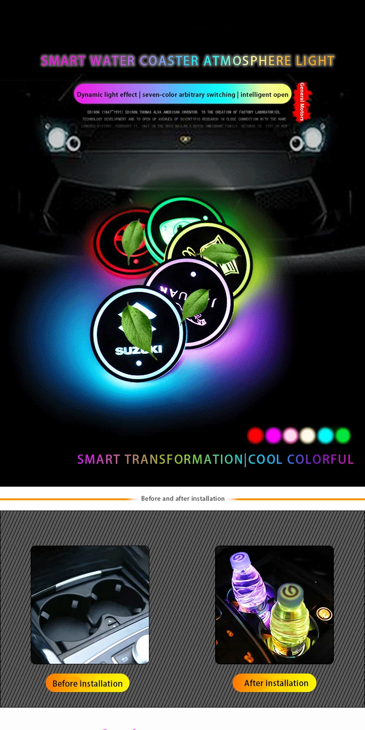 Car Luminous Water Coaster Usb Charging Sevencolor Led Antiskid