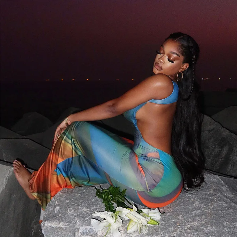 2024 Summer Gradient Print Maxi Dress Sleeveless Backless Long Dresses Sexy Vacation Outfits Holiday Elegant Bodycons