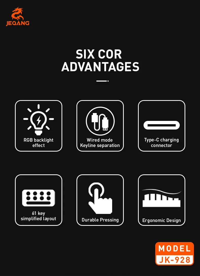 Jeqang JK-928 Mini Wired RGB 61-Keys Keyboard New Product Scissor Operation Style for Gaming or Office