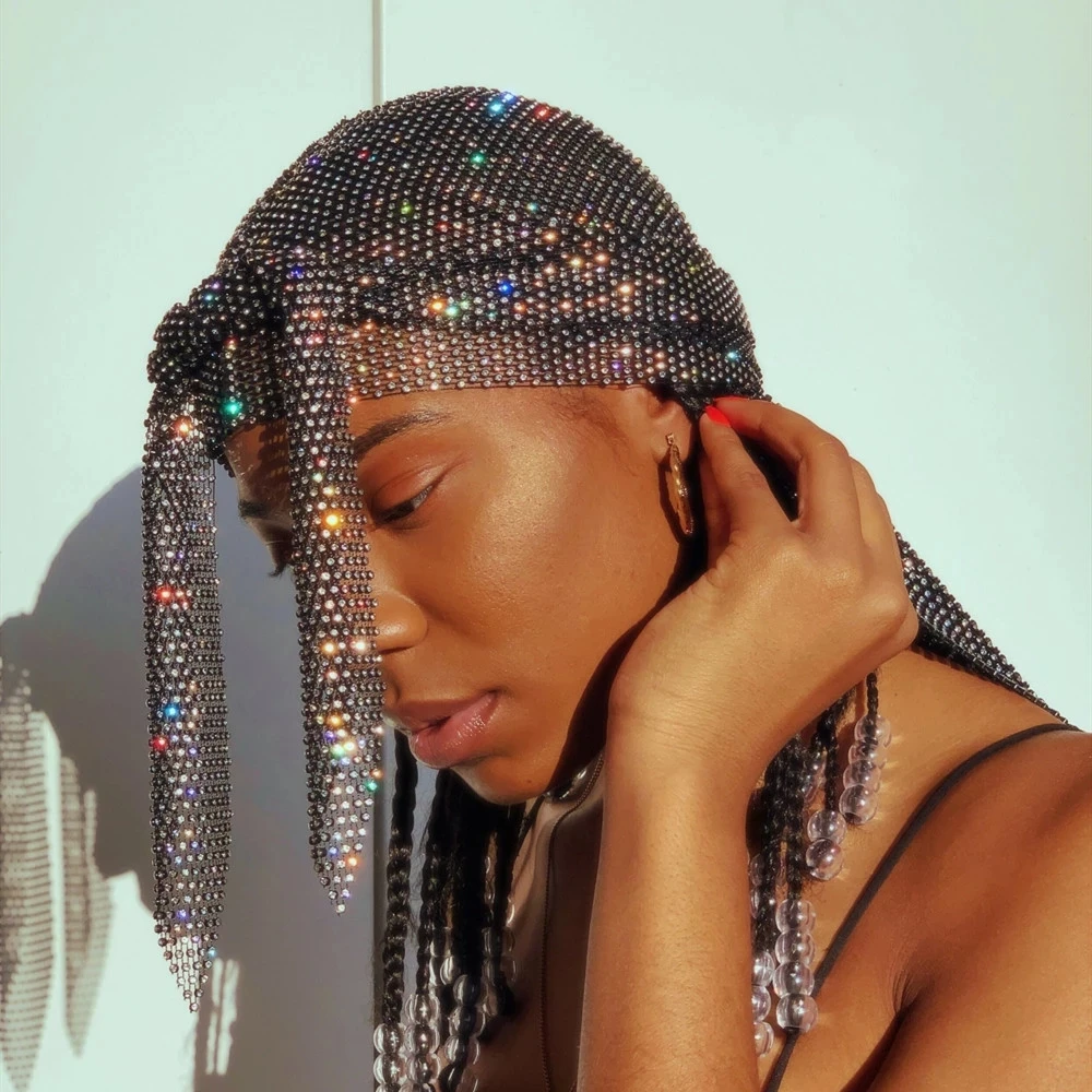 INS Hot Nightclub Hollow Grid Mesh Rhinestone Head Scarf Wrap Headpiece for  Women Bling Crystal Headband Turban Hair Hat