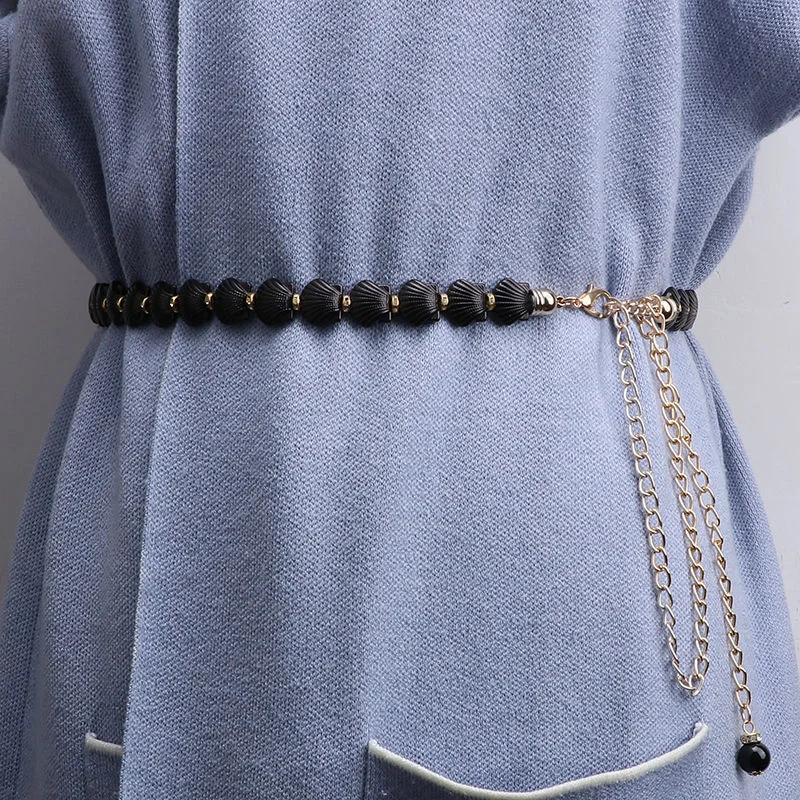 Модная цепочка из искусственных ракушек, Женский поясной ремень с бусинами, женский милый пояс с белой розой для платьев