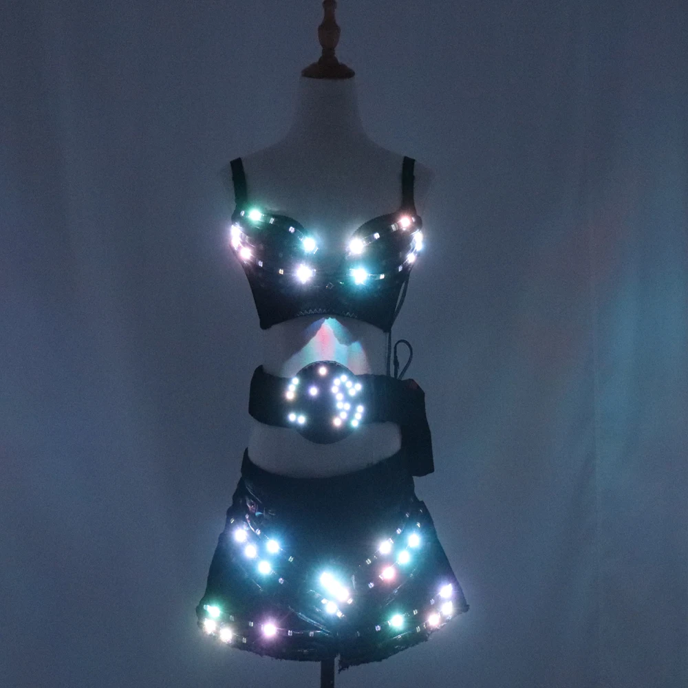 Full-Color LED Luminous Light Party Skirt Sexy Girl LED Light Costumes Ballroom Dance Outfit for Adults Unisex DJ DS Bra Suit