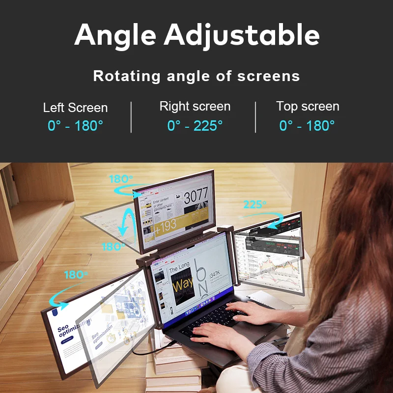 Portable Monitor for Laptop 4 Screen Monitor Extender 14 Inch Triple Screen for 13.6-17.3 Inch Laptop Via One Cable