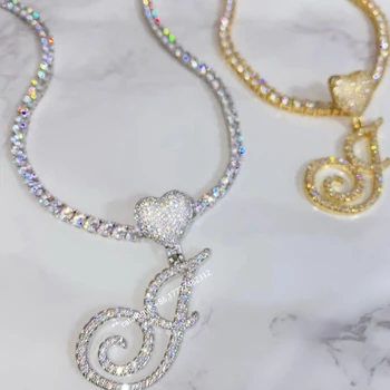 FOXI Dainty Zircon Diamond Letter Pendant Tennis Crystal Vintage Cursive Silver heart Initial Cursive Letter necklace