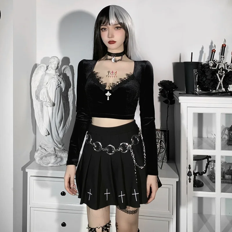 Velvet Y2k Mall Goth Crop Tops Black Lace Trim Emo Alternative Aesthetic Crop Tops Women Backless Sexy Full Sleeve Tops Coldker Buy Goth Crop Tops Sexy Crop Tops Y2k Tops Product On Alibaba Com