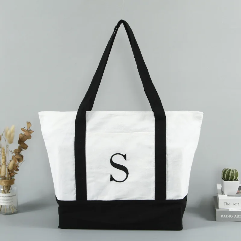 Plain Tote Bag With Zipper Cotton Canvas Grocery Shopping Strap Tote ...