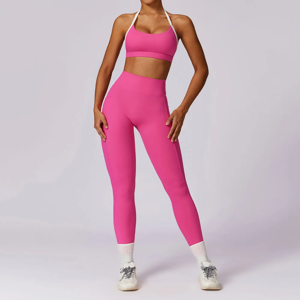 Custom Contrast Color Backless Sexy Sports Bra Halter Tops Seamless High Waist Yoga Pants Leggings Women Gym Fitness 2pcs Sets