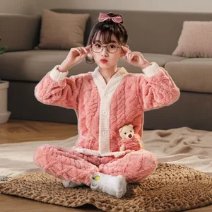 Boys' & Girls' Children's Coral Fleece Thickened Pajamas Suit Autumn Winter Geometric Pattern Casual Boys' Clothes for Kids