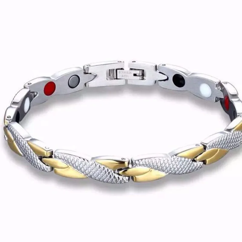 Ces bracelets magnétiques pour les femmes sont fabriques en acier  inoxydable avec de largent 0999 et dor 18 carats de placage de 30  microns dépaisseur Ils ont entre 5 et 14 aimants