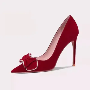 Lily Wei Red Velvet  Bow Wedding Shoes Plus Size Women's Shoes Vintage Sweet Burgundy Light Luxury Texture Shoes