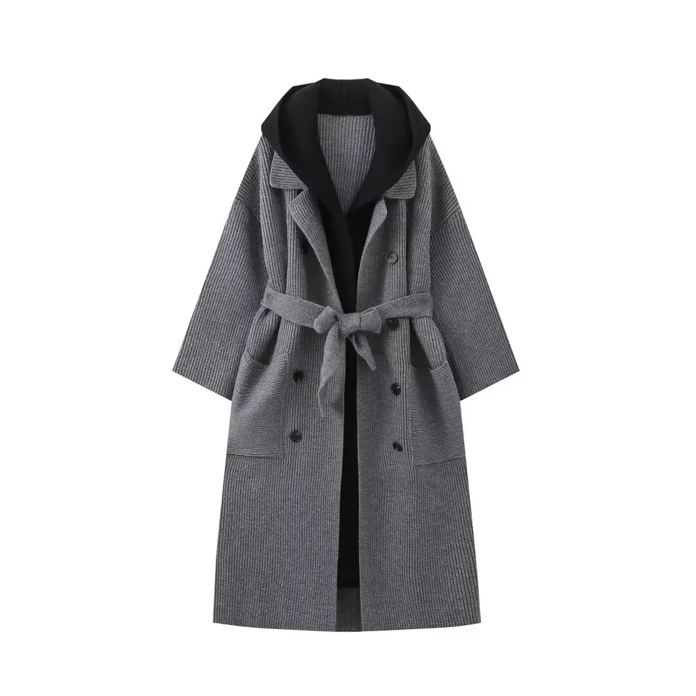 Donne 2024 Moda bavaglino con cappuccio due pezzi lavorati a maglia Cappotto Vintage Manica Lunga Donna Capispalla Chic Overshirt_voghion.com