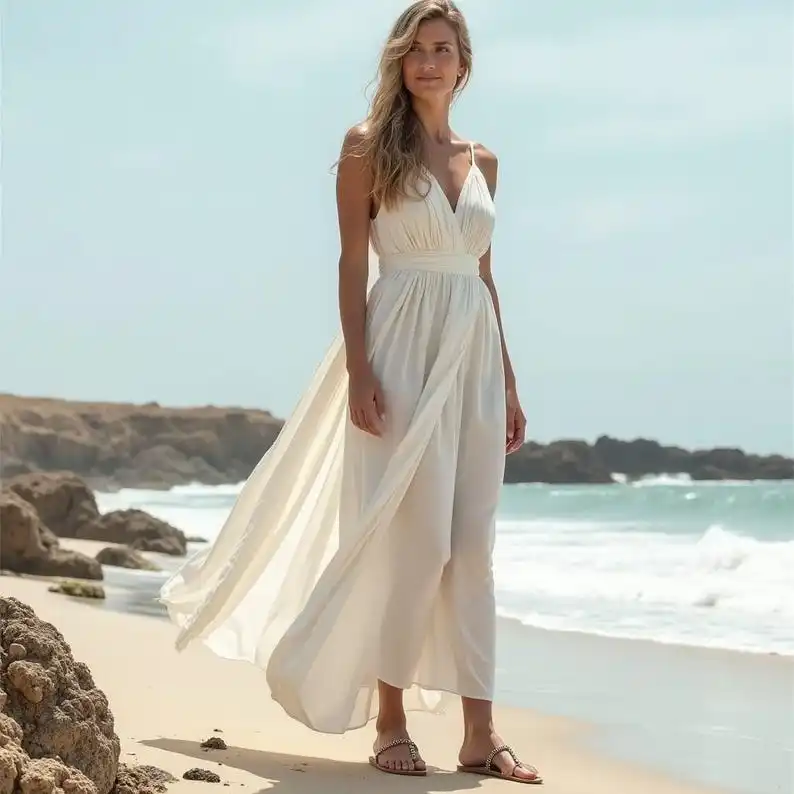 OEM Fashionable Elegant White Beach Maxi Dress Flowy Summer Dress for Women  Sleeveless V-Neck Lightweight Resort Wear