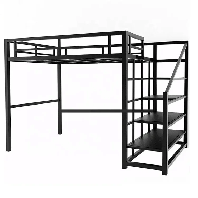 Bedroom Dorm Furniture Black Metal Loft Bed Frame With Stairway Shelf Full Size Steel Bunk Bed for Adult and Kids