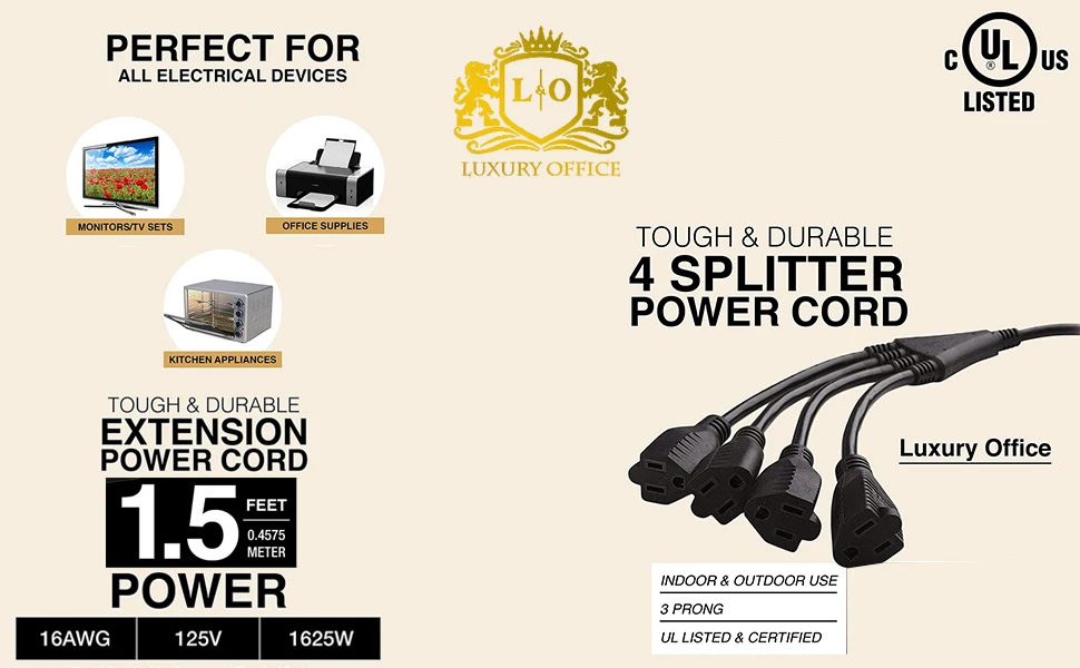 4 Way Power Splitter 1 To 4 Extension Cord Splitter 1.5' Short