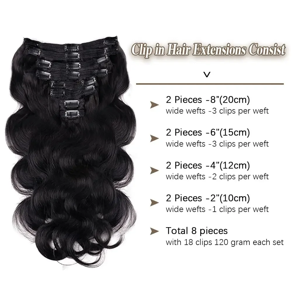 Body Wave Clip-In-Extensions aus Echthaar, natürliche Farbe Nr. 1B, brasilianische Echthaar-Extensions zum Anklipsen, 120 g/Set_voghion.com