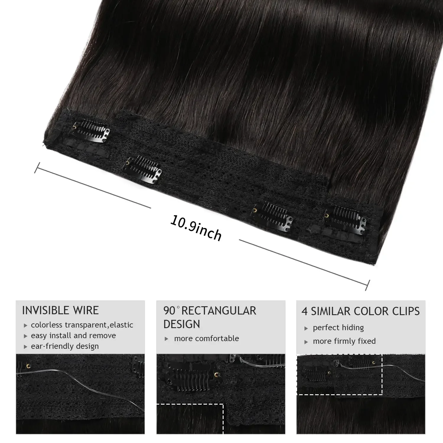 Clip in Human Hair Extensions One-Piece Invisible Fishing Line Wire 4-Clips Remy Natural Black 1B_voghion.com
