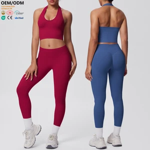 XW-6703+6688 Custom Solid Breathable Fitness Halter Neck Sports Tank Top Gym Clothing Women Chest Pad 2 Piece Yoga Wear Set