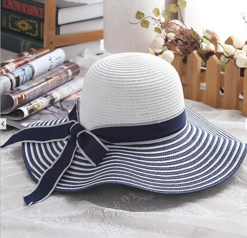 Striped Design Bowknot Band Floppy Wide Brim Straw Hat display picture 3