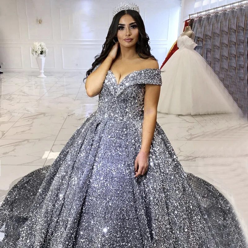 2024 Bride Off-Shoulder Ball Gown Wedding Dress Modern European American Sequins Dream Princess Trailing Performance Tutu Skirt