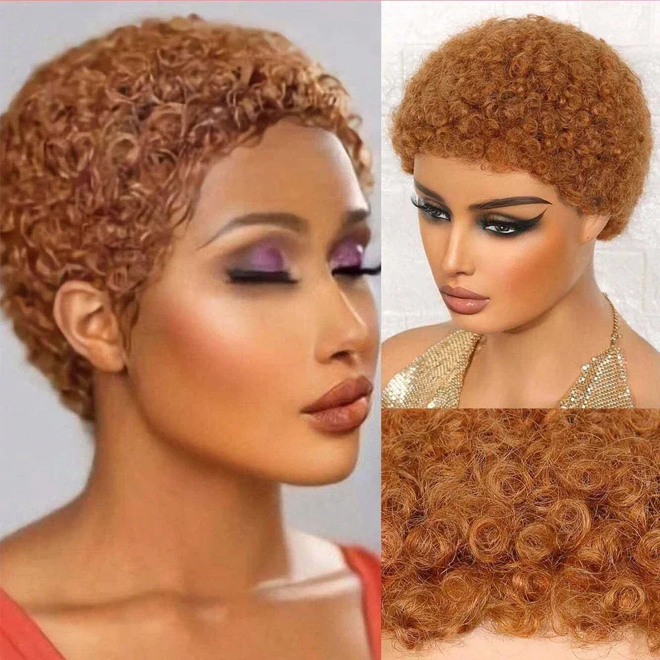 Kurze Afro-Perücke aus gelocktem Echthaar, Pixie-Schnitt, 150 % für Frauen, flauschige Afro-Puff-Perücke aus weichem Remy-Haar_voghion.com