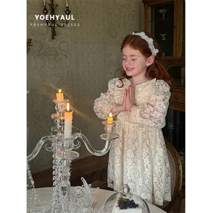YOEHYAUL 25020 Lace Elegant Girl Child Evening Dress for Girls Party Summer Beige Jacquard Long Sleeve Princess Dress for Kids